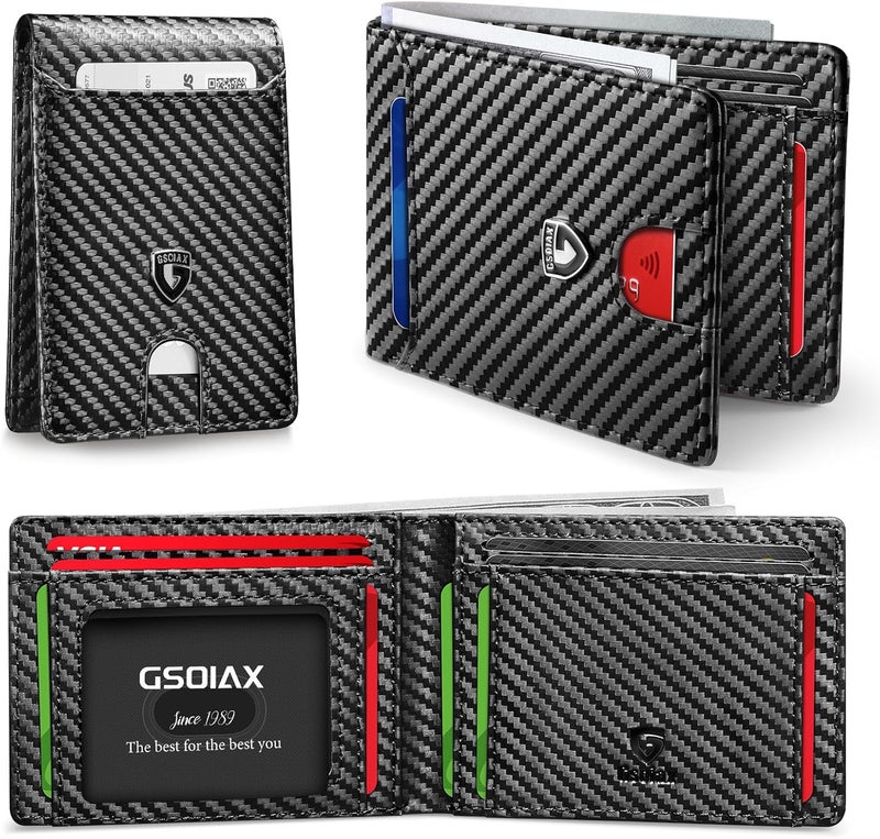 GSOIAX Slim Wallet for Men RFID Blocking Bifold Wallet Carbon Fiber Front Pocket Wallet with 11 Card Holder Minimalist Mens Wallet with Gift Box(Carbon Black-) - Image 1